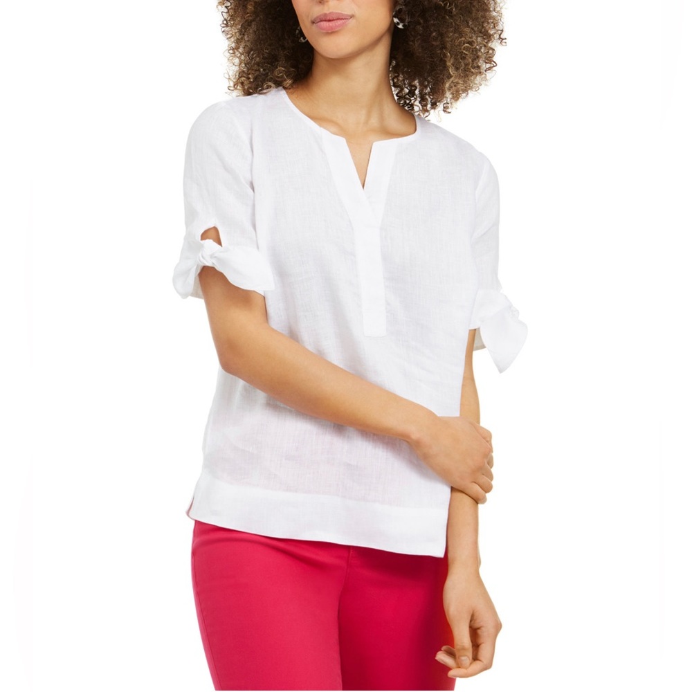 100% Linen Split-Neck Tie-Cuff Top Blouse